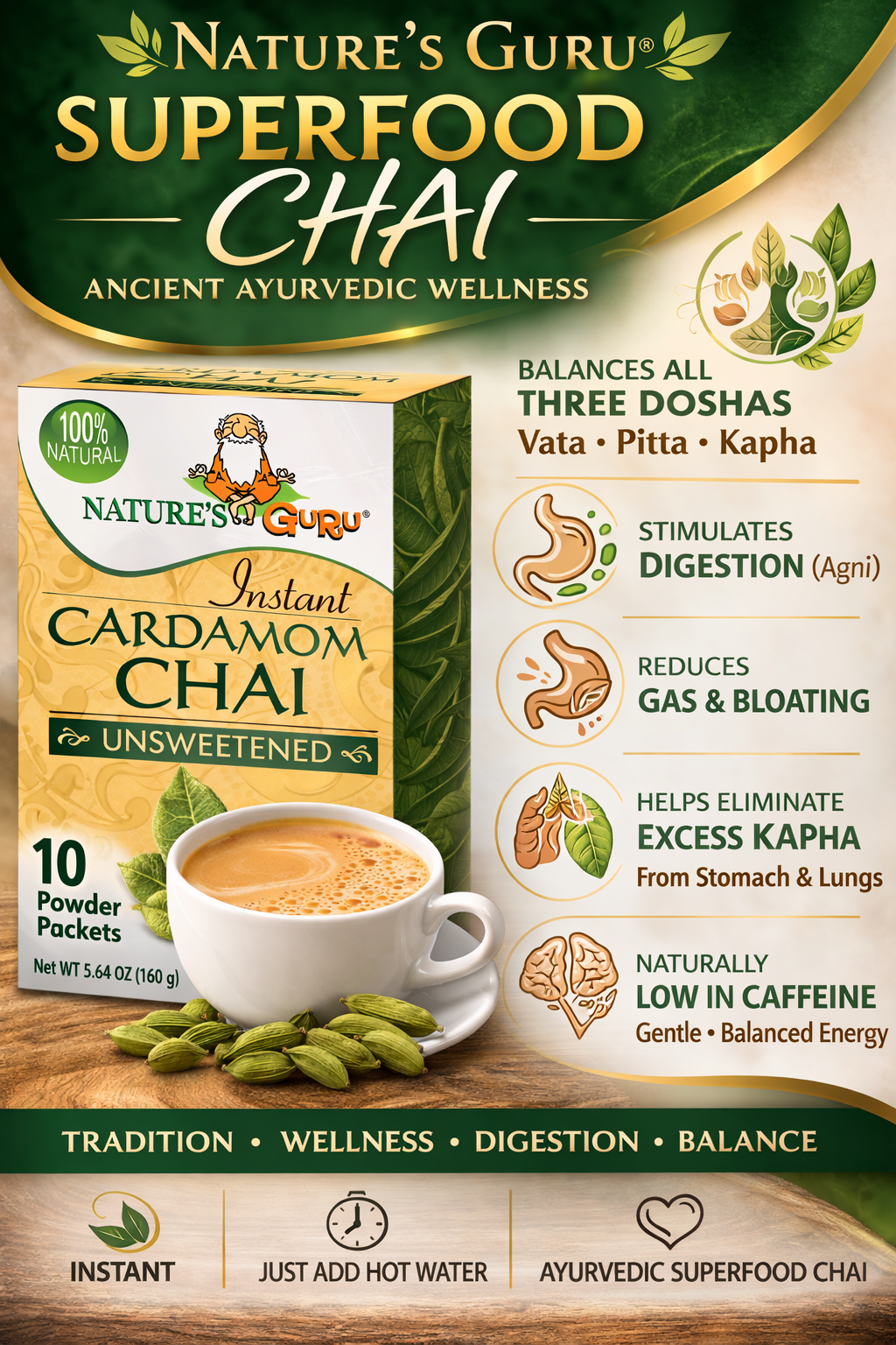 Nature's Guru Cardamom Chai Unsweetened - 10 CT Box