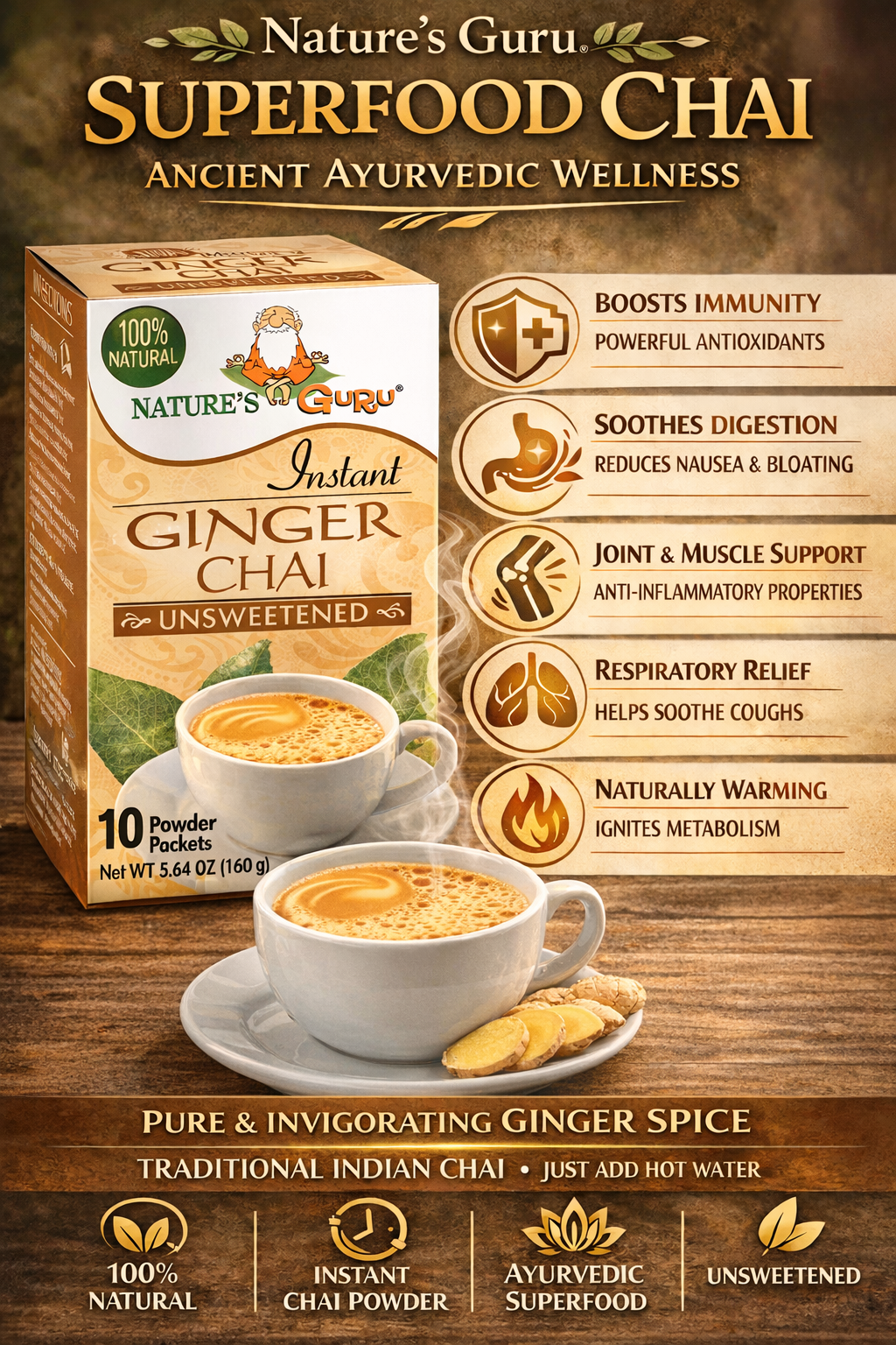 GINGER CHAI 5袋セット Ginger Chai Latte Instant Tea Mix I Nature's Guru I Unsweetened